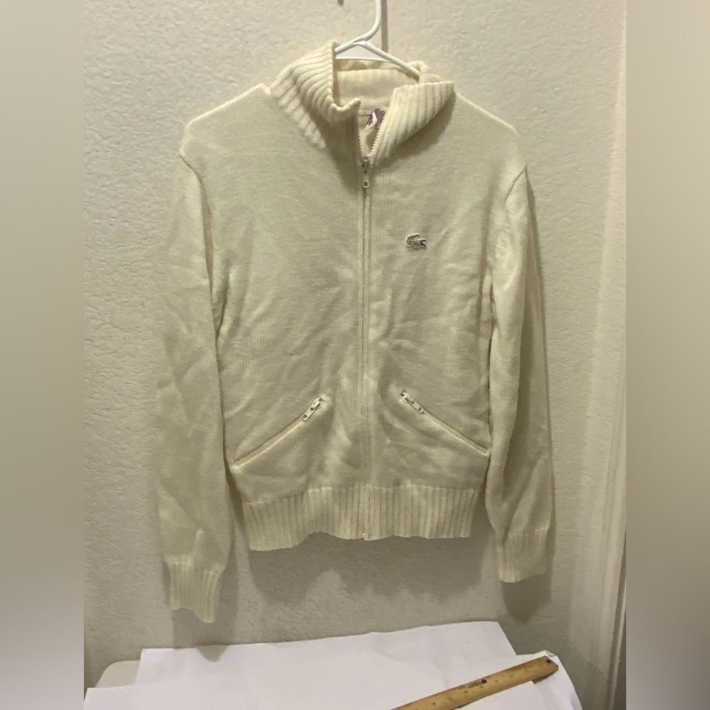Vintage Izod Lacoste Sweater Cardigan Men's Medium Cream Grandpa USA 80s Preppy